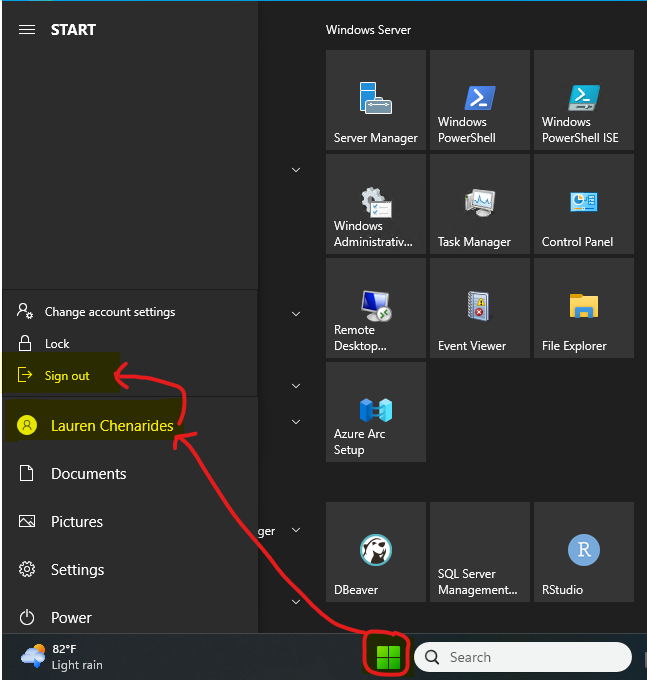 The Orchard Start menu showing the Sign out option.